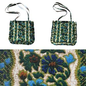 Side Eye Bird Handmade Ruffle Tote Bag Vintage 60s Fabric Mod Floral Green Blue